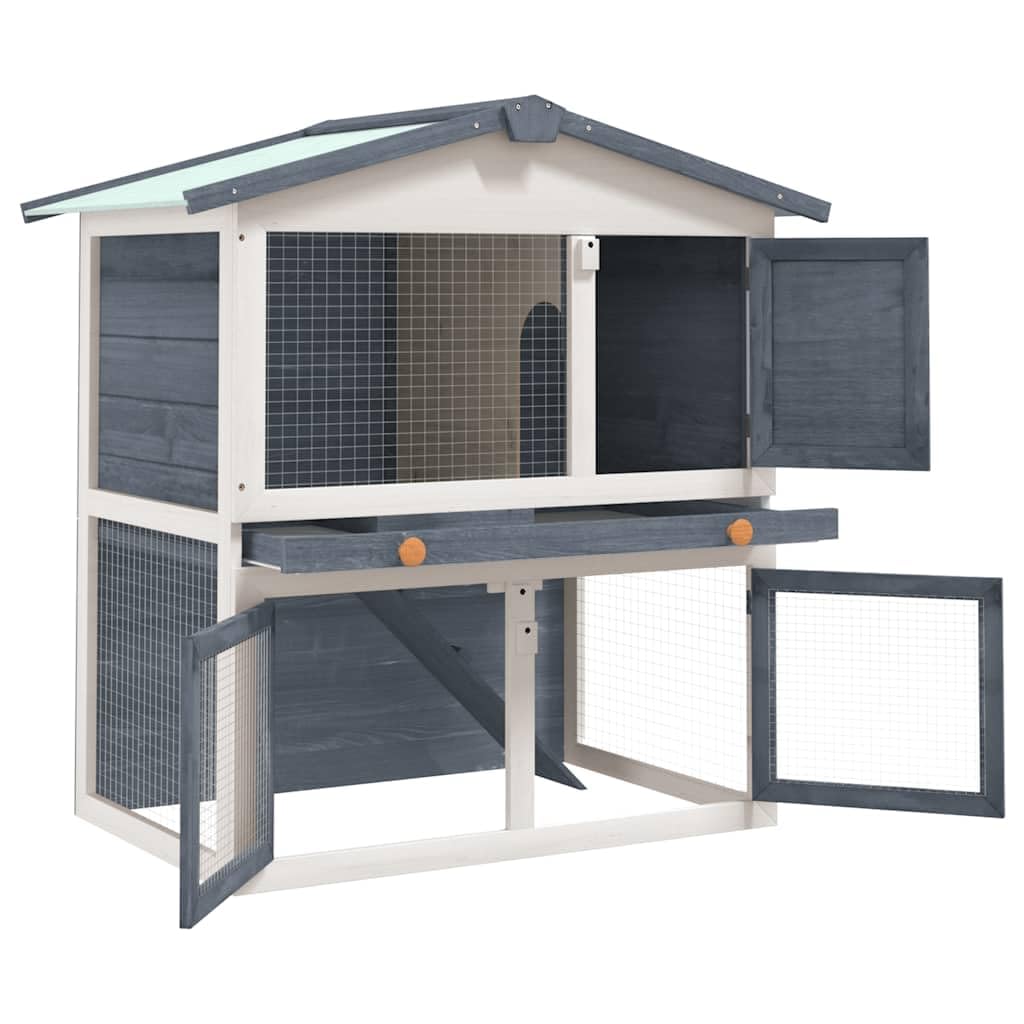 Large 2-Tier Gray Wood Rabbit Hutch with Ramp J33245