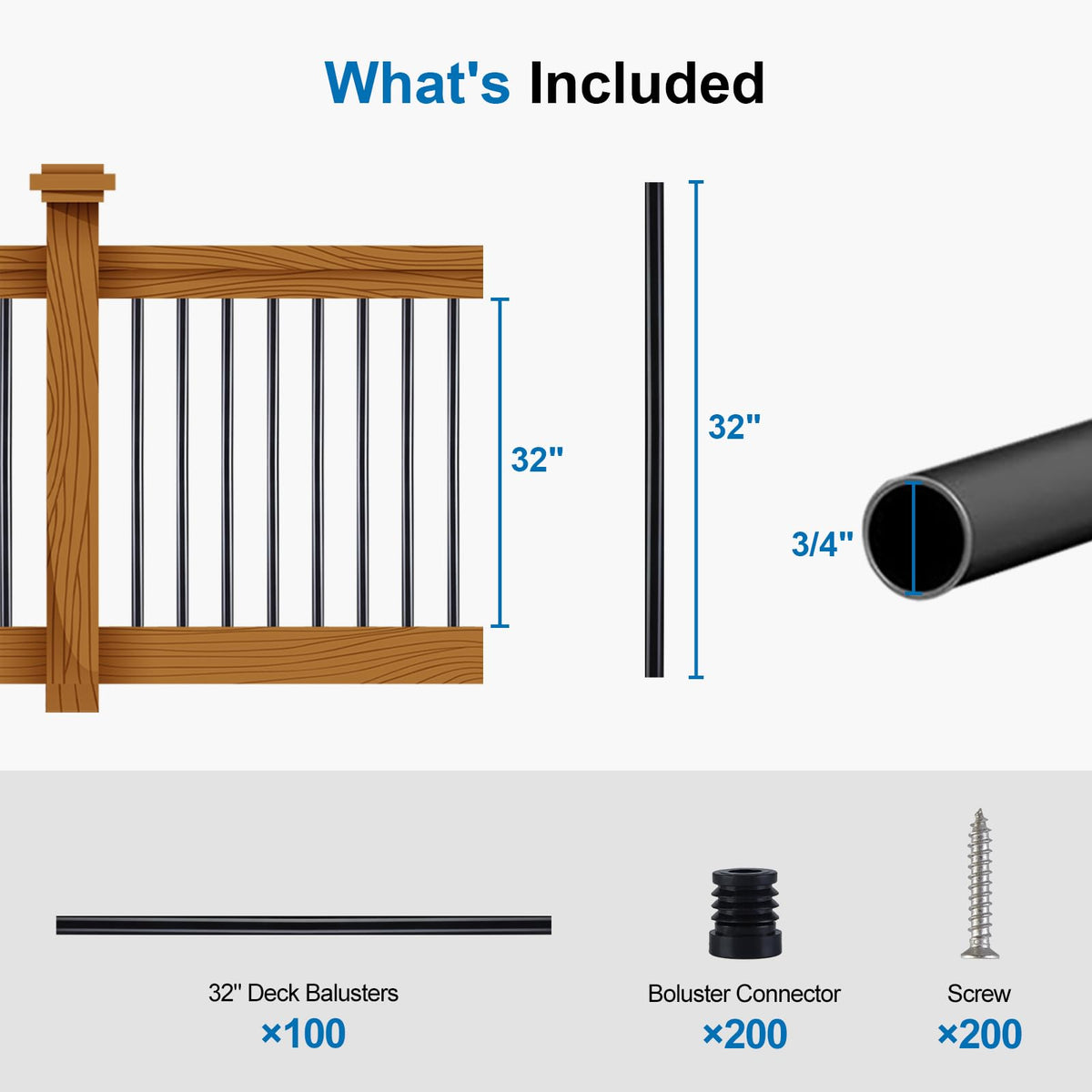 Black Aluminum Deck Balusters 32in x 3/4in 100 Pack D31410
