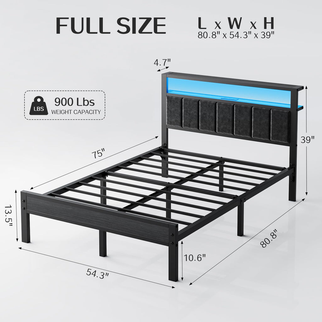 Full Size Bed Frame with LED Lights & Charging Station N686783