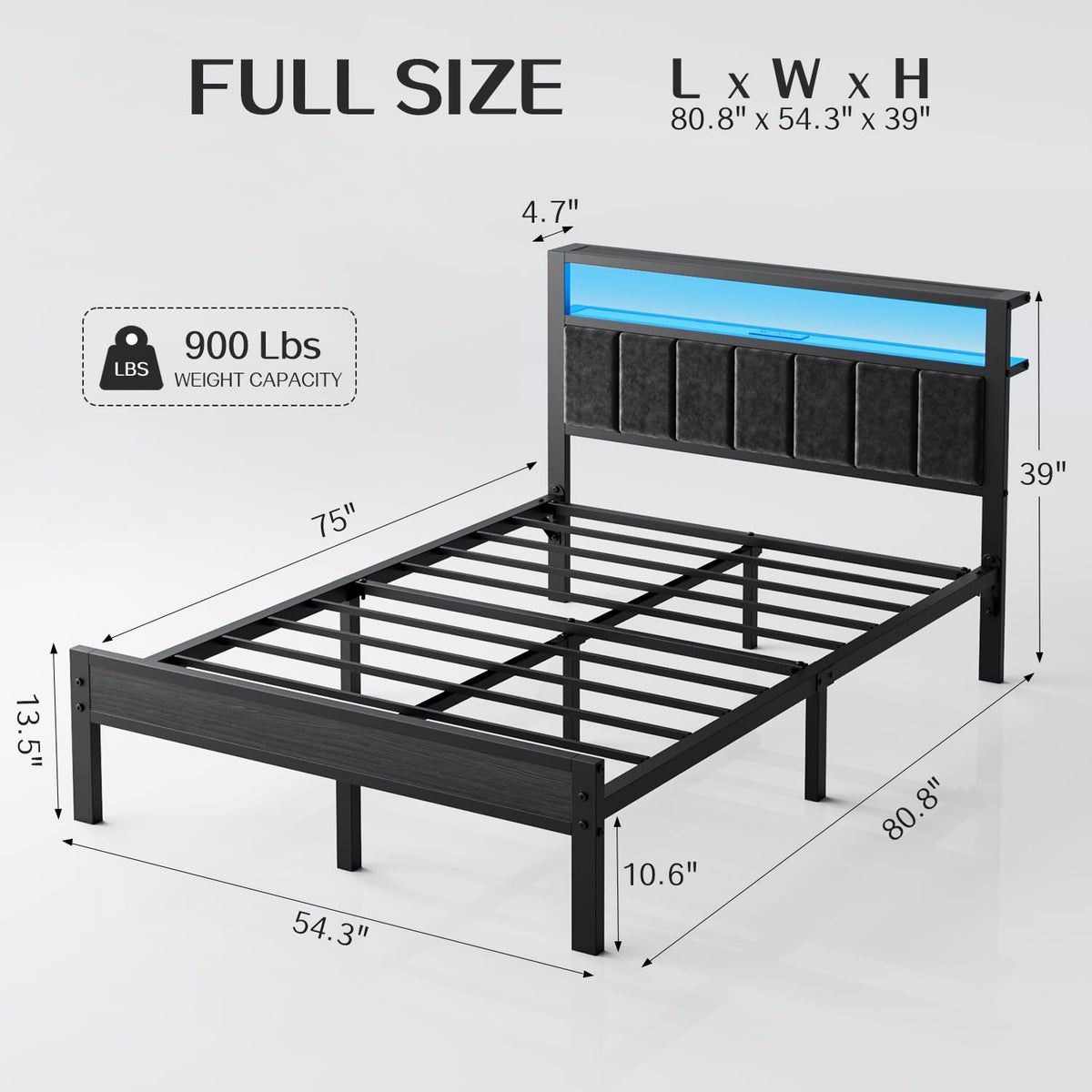 Full Size Bed Frame with LED Lights & Charging Station N686783