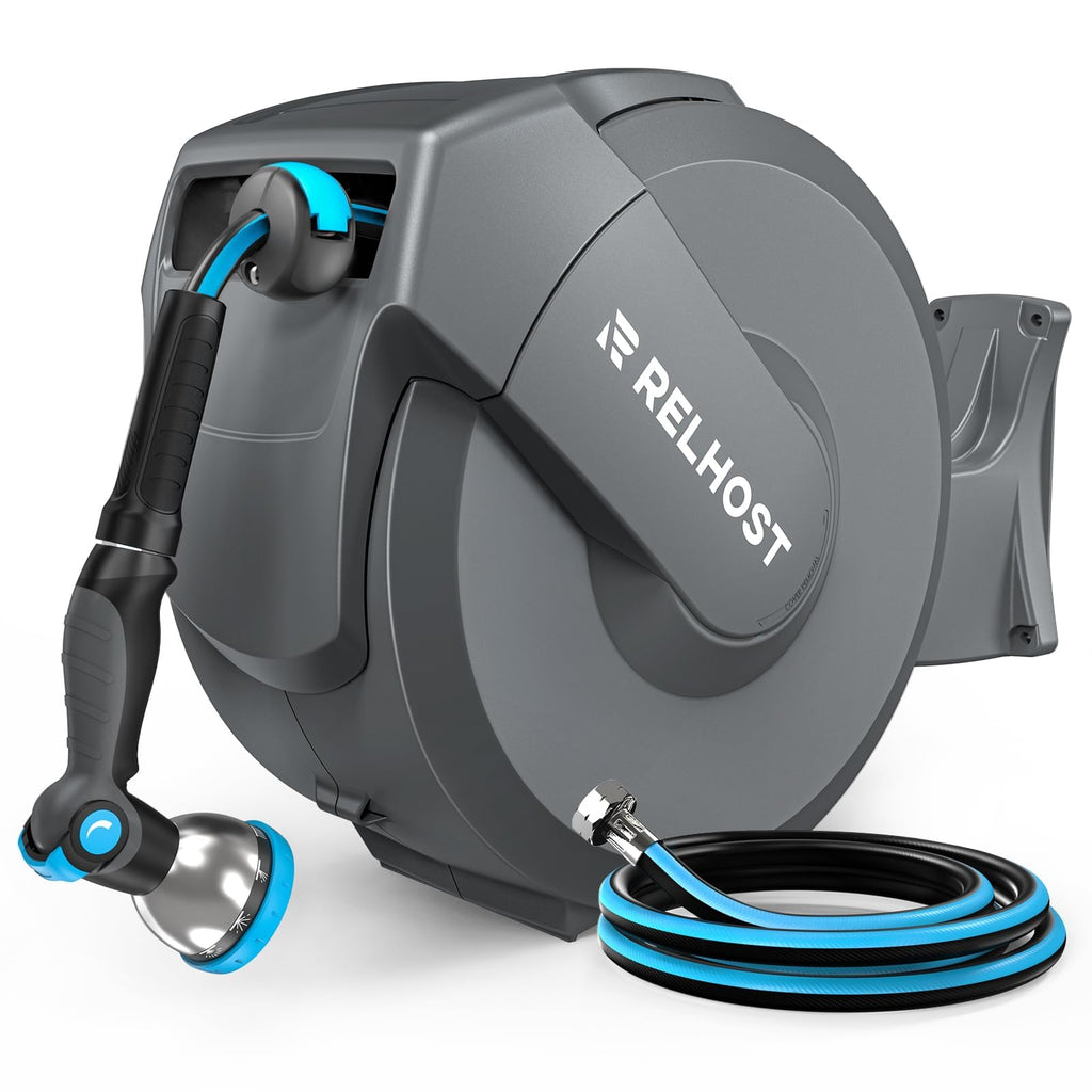 Retractable Garden Hose Reel, 5/8 in x 100 ft Wall Mount Heavy Duty with 10-Pattern Nozzle, Dark Grey C741