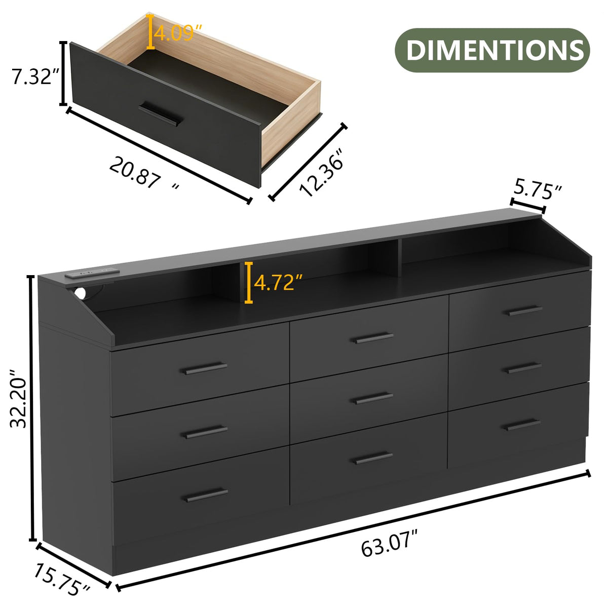 Black 9 Drawer Dresser with Power Outlet U428