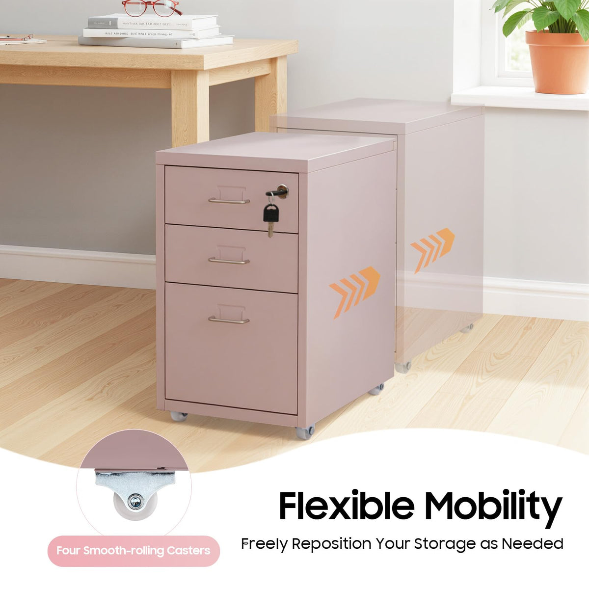 Pink 3 Drawer Metal File Cabinet with Lock U2830