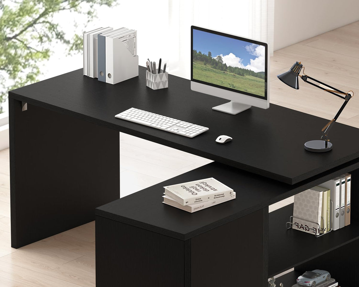 Black L Shaped Wood Computer Desk with Storage G624953
