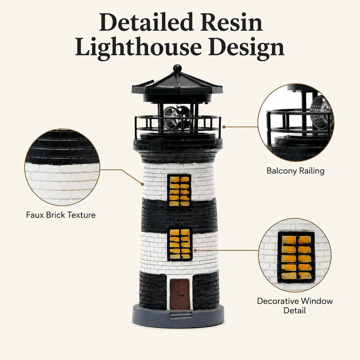Solar Lighthouse Garden Light, Resin Outdoor Lighthouse Ornament with Rotating LED Beacon C385799