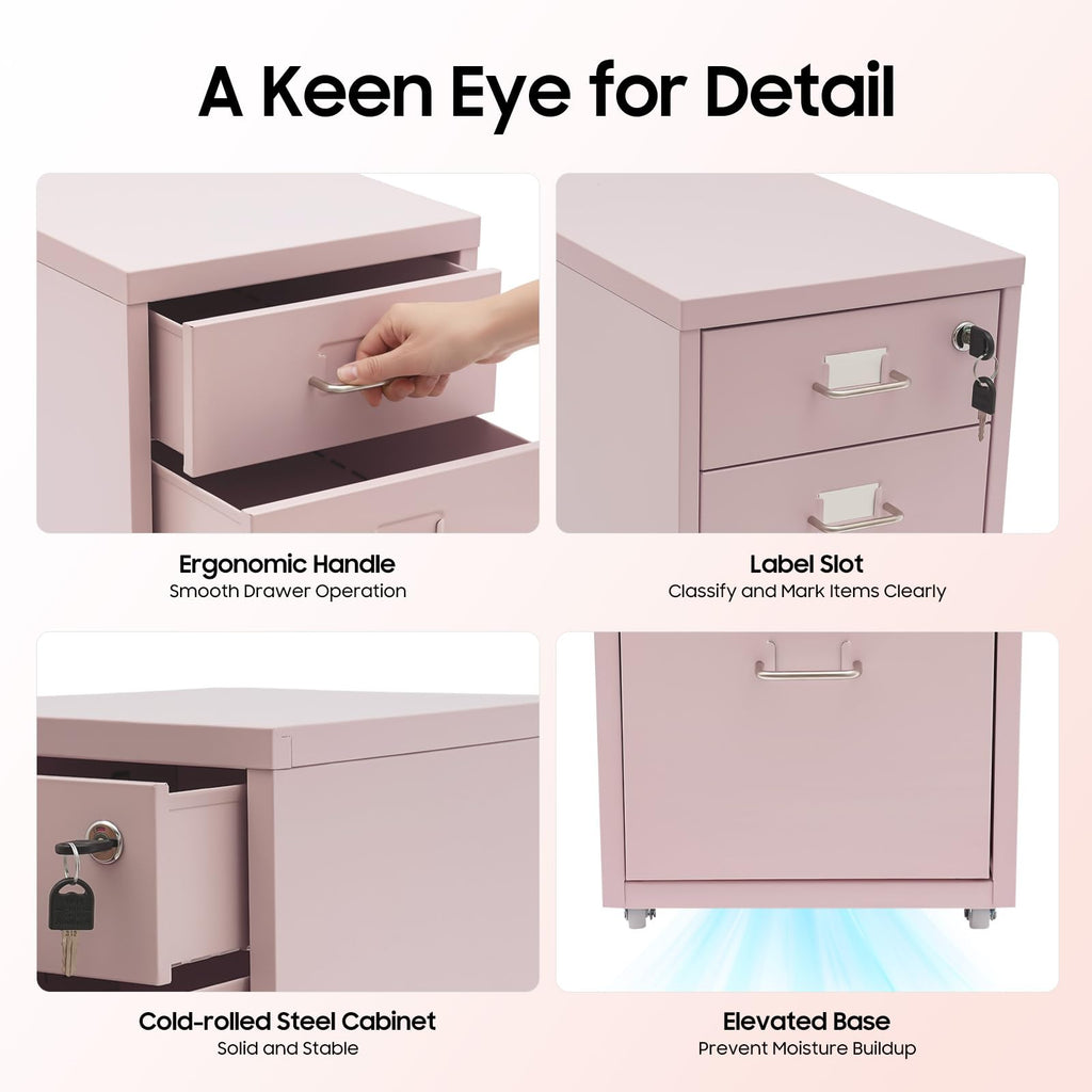 Pink 3 Drawer Metal File Cabinet with Lock U2830