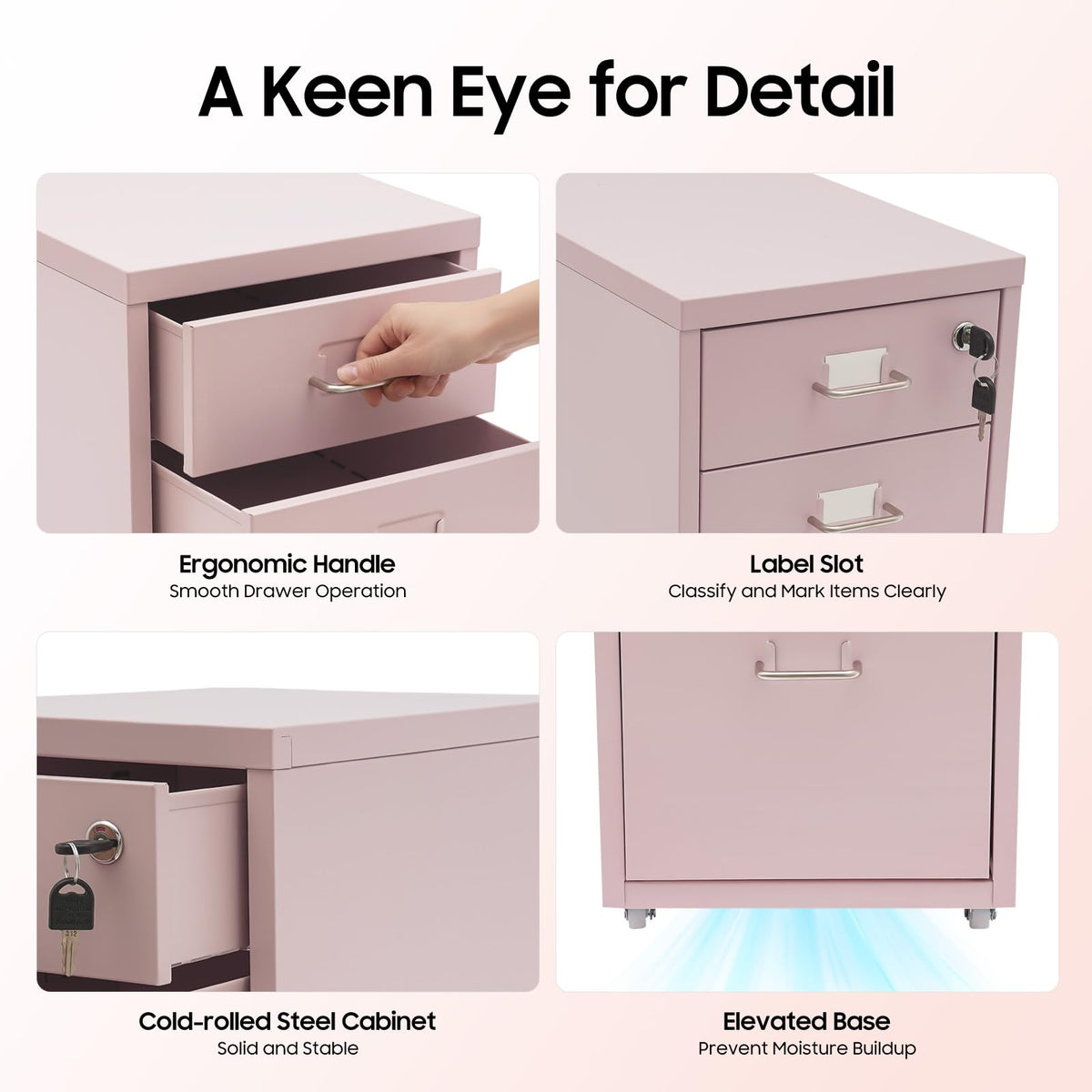 Pink 3 Drawer Metal File Cabinet with Lock U2830