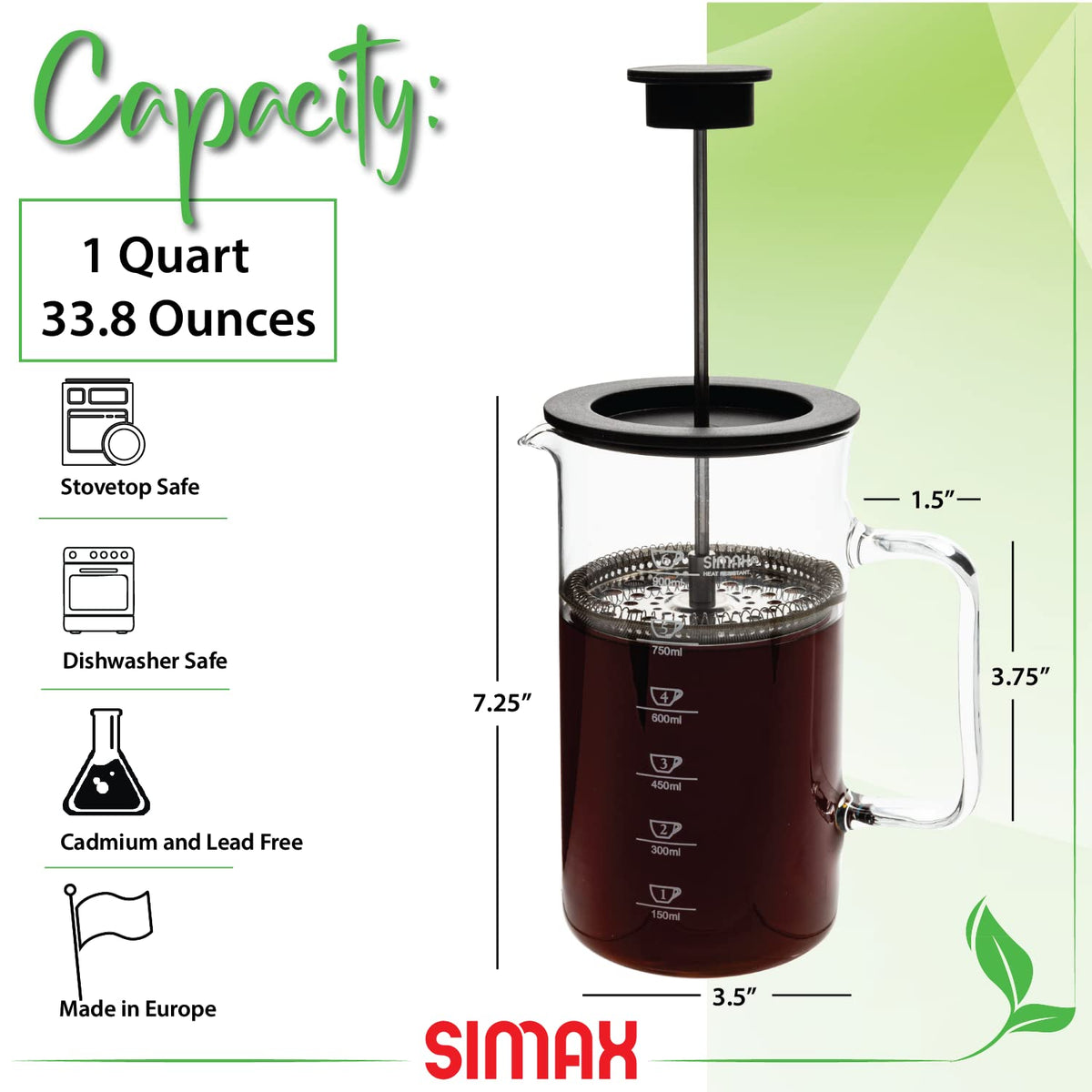 1 Liter Dishwasher Safe Borosilicate Glass French Press V415