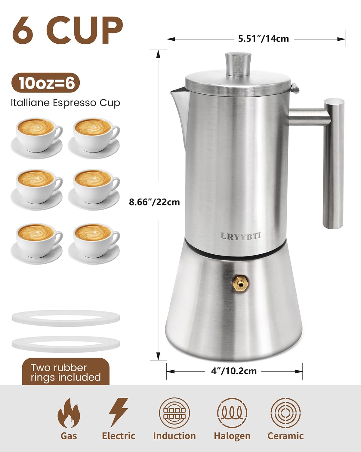 6 Cup Stainless Steel Stovetop Moka Pot B579