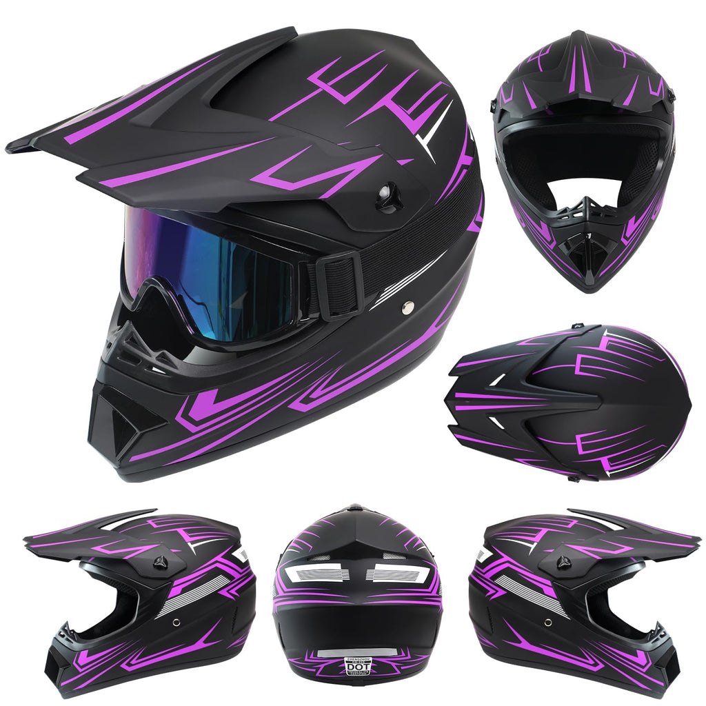Kids Full Face Motocross Helmet 4-Pcs Set DOT Approved Purple X-Large F815