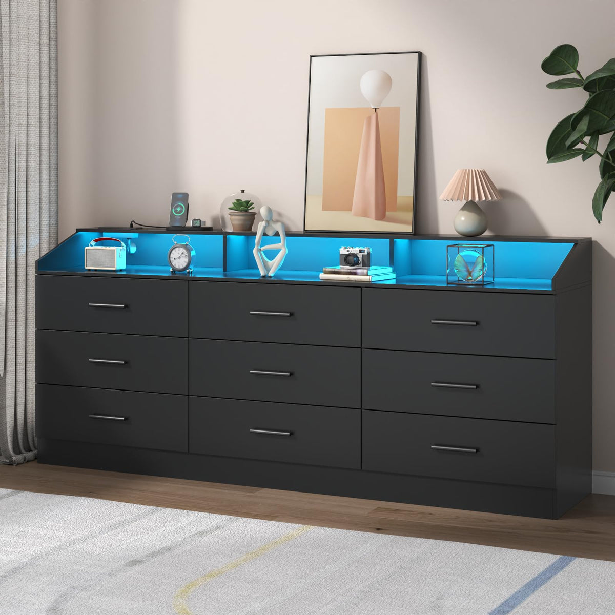 Black 9 Drawer Dresser with Power Outlet U428