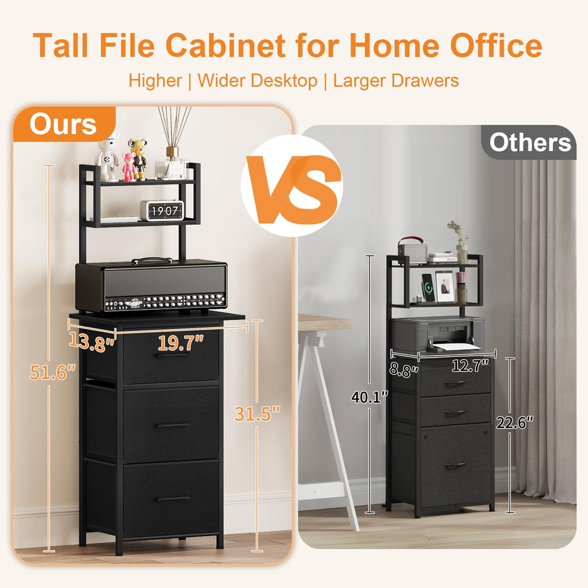 3 Drawer Tall File Cabinet with Extended Desktop, Black W638708