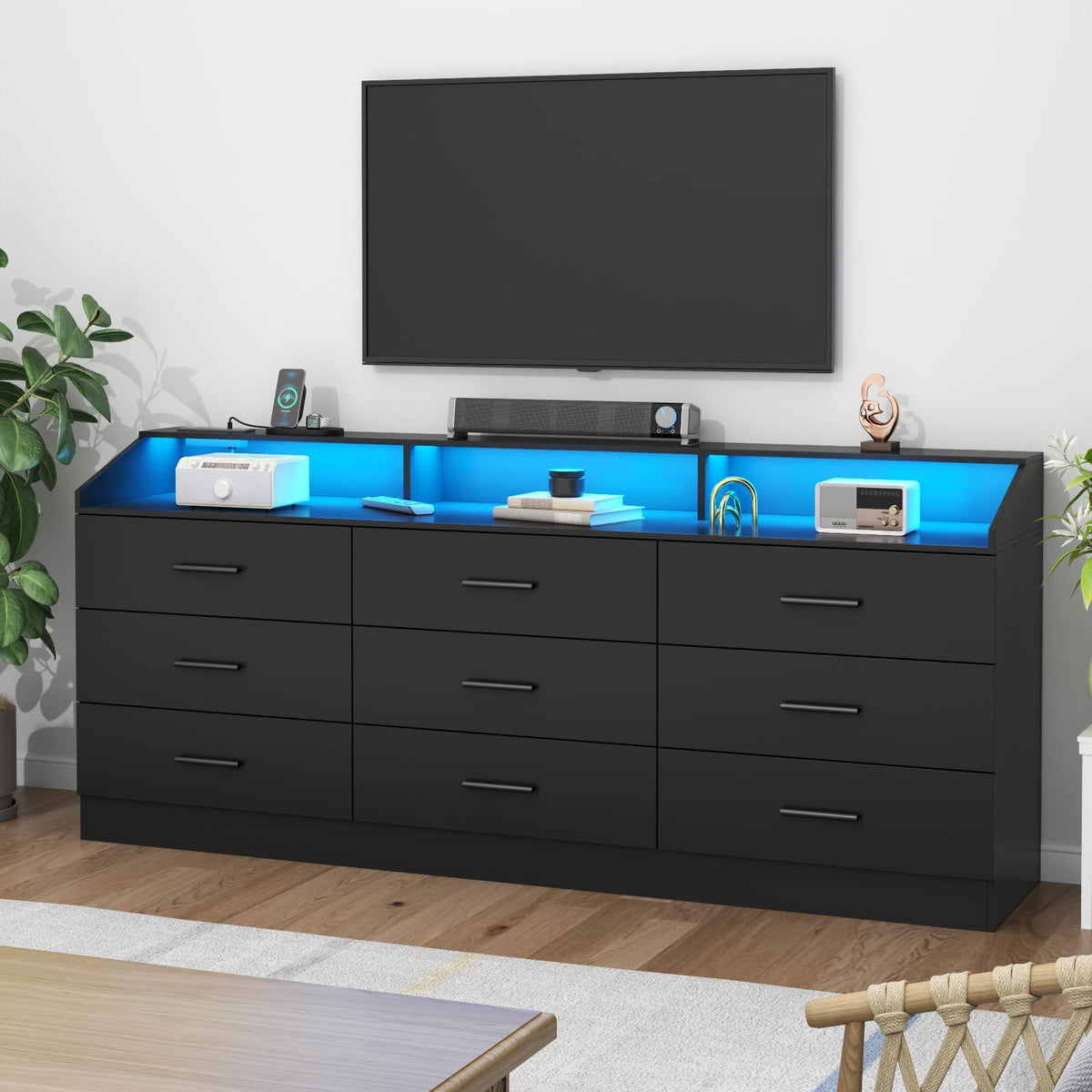 Black 9 Drawer Dresser with Power Outlet U428