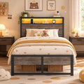 Grey Twin Metal Platform Bed Frame with Storage Headboard N9118