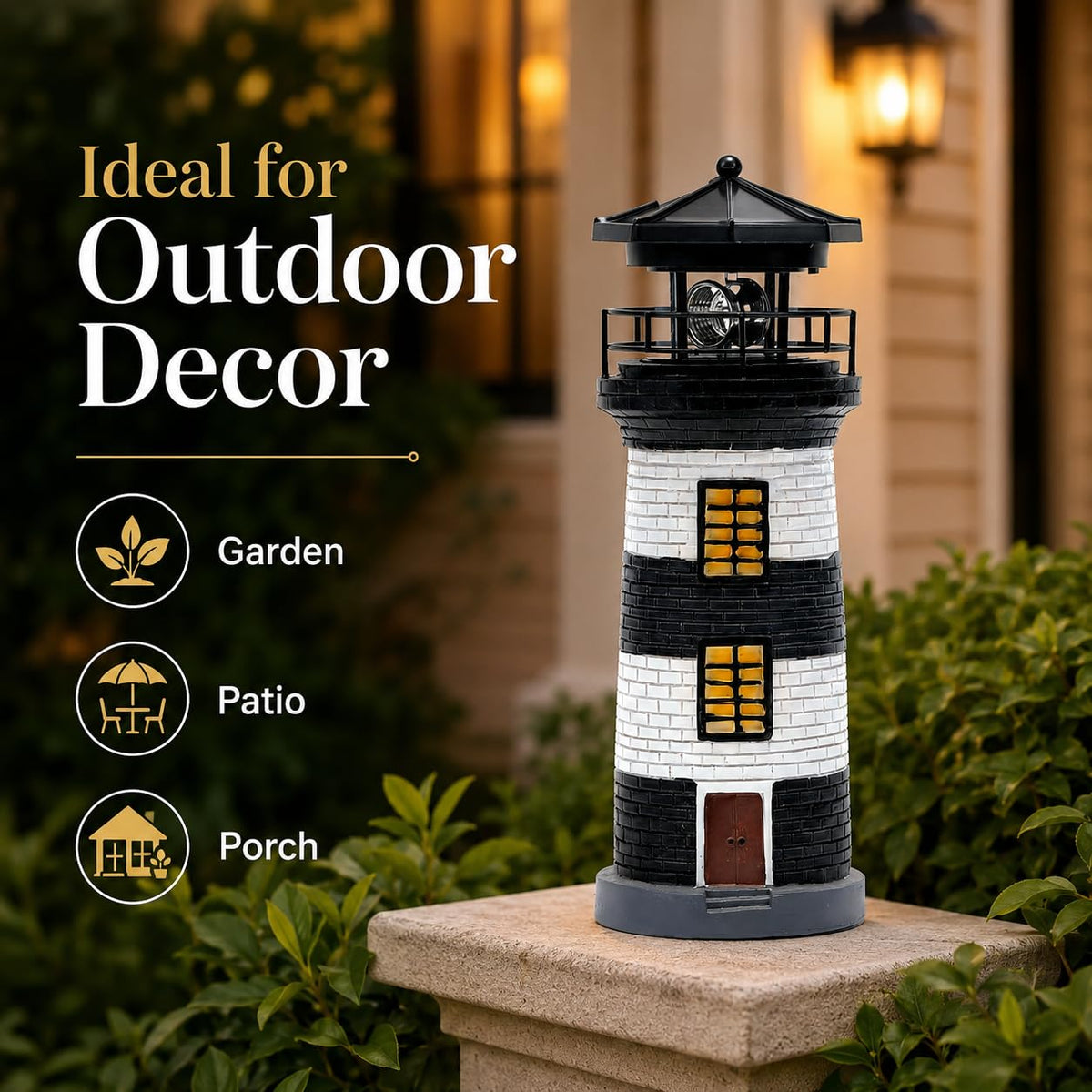 Solar Lighthouse Garden Light, Resin Outdoor Lighthouse Ornament with Rotating LED Beacon C385799