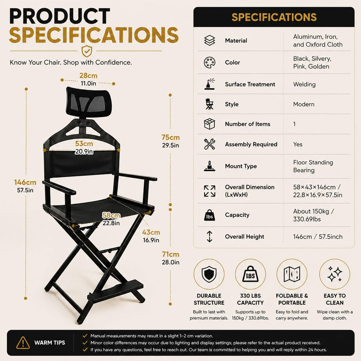Extra Tall Aluminum Foldable Makeup Artist Chair S360375