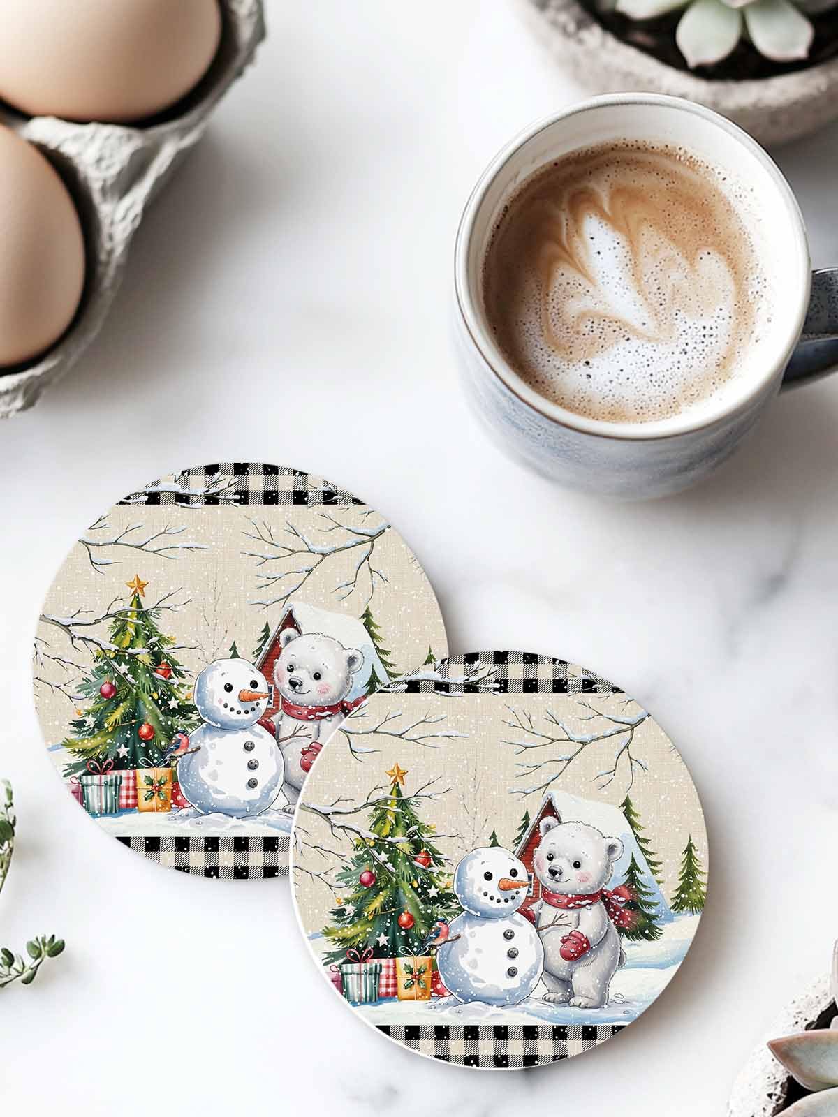 Set of 6 Christmas Coasters with Holder Absorbent Stone Ceramic L97038