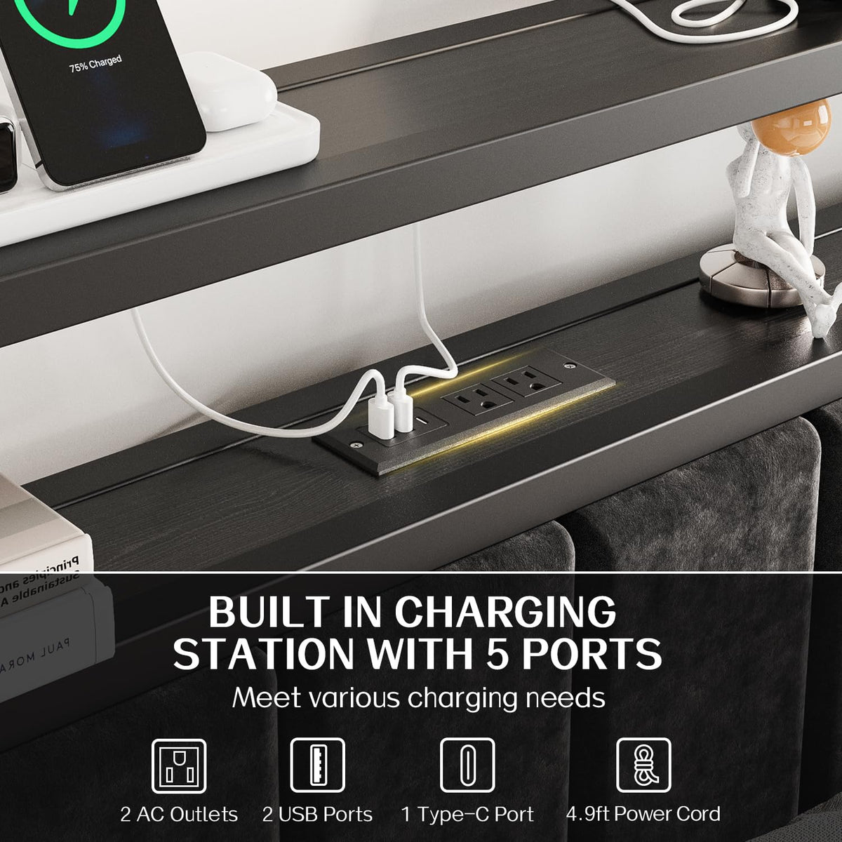 Full Size Bed Frame with LED Lights & Charging Station N686783