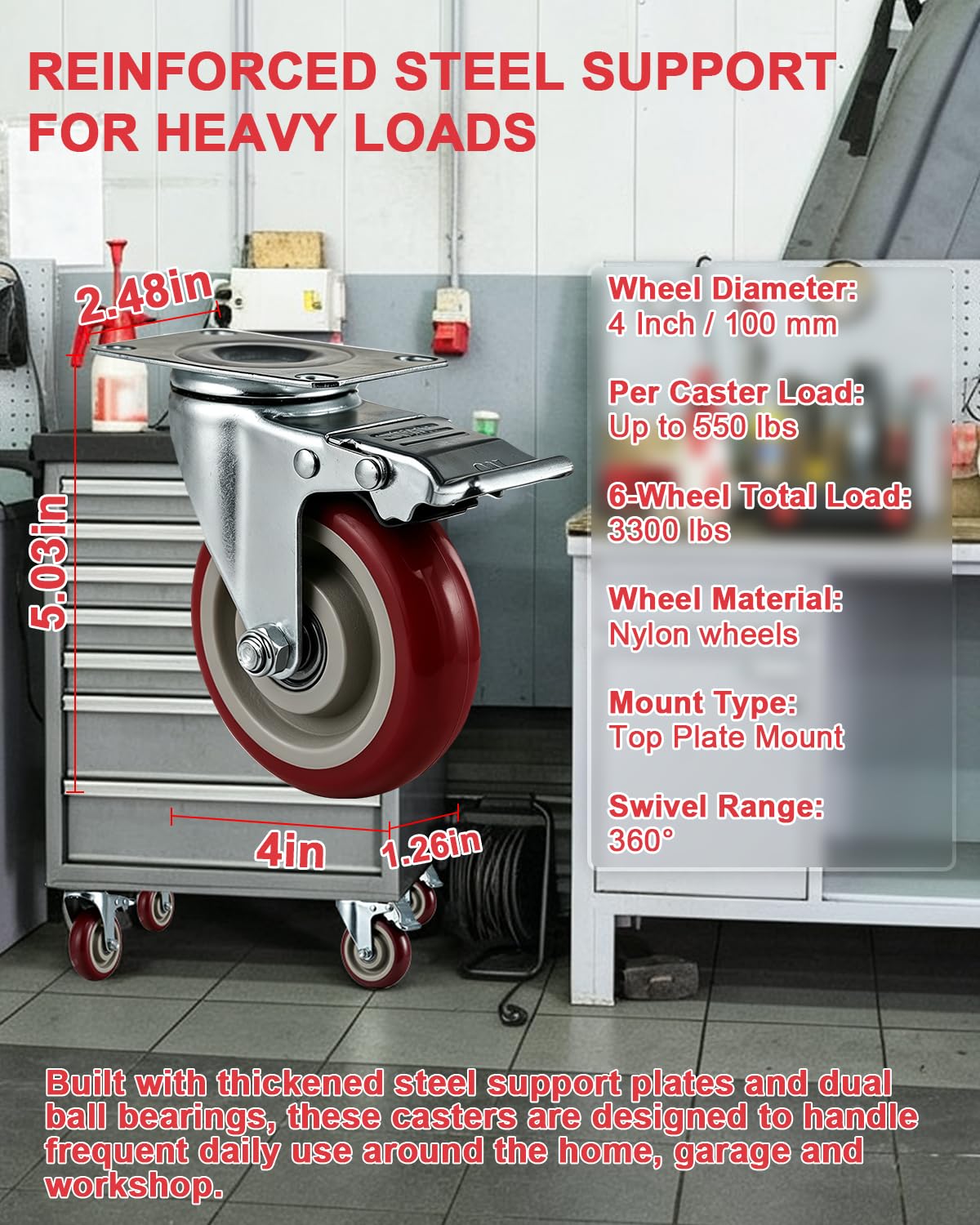 6 Pcs 4 Inch Heavy Duty Locking Swivel Plate Casters H6771