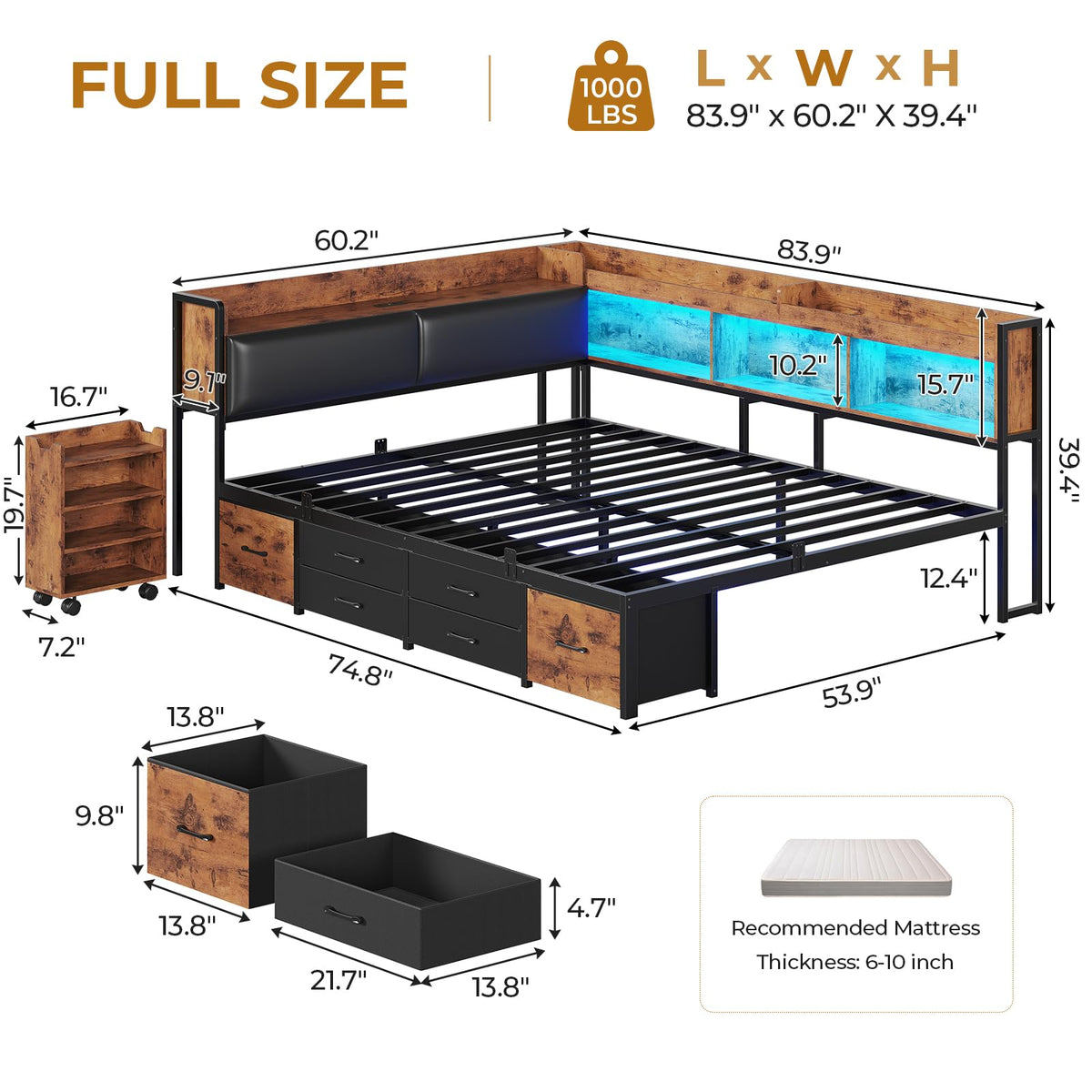 14 Inch Full Size Metal Platform Bed with 6 Drawers N930956