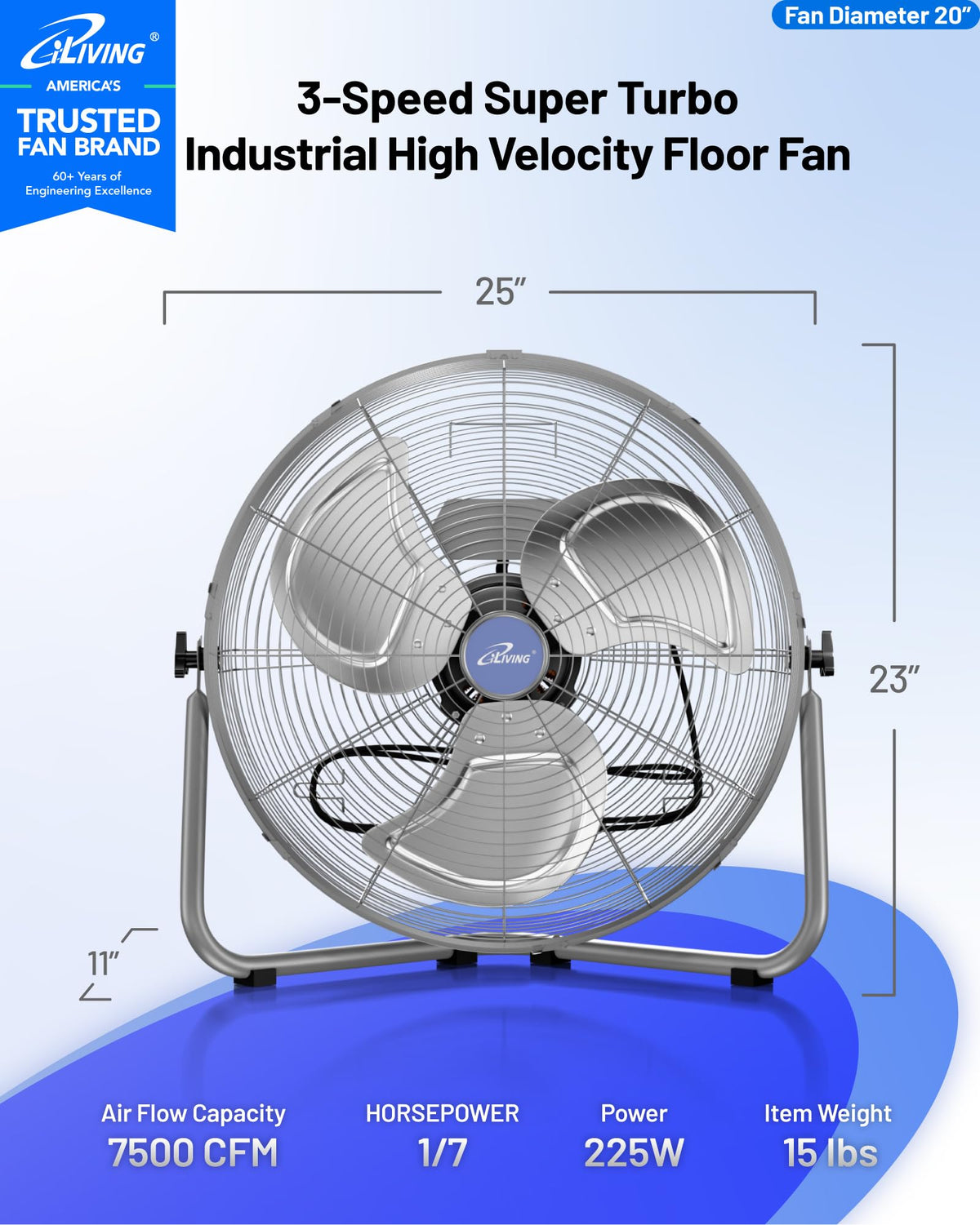20 Inch 7500 CFM 3-Speed Metal Floor Fan A960