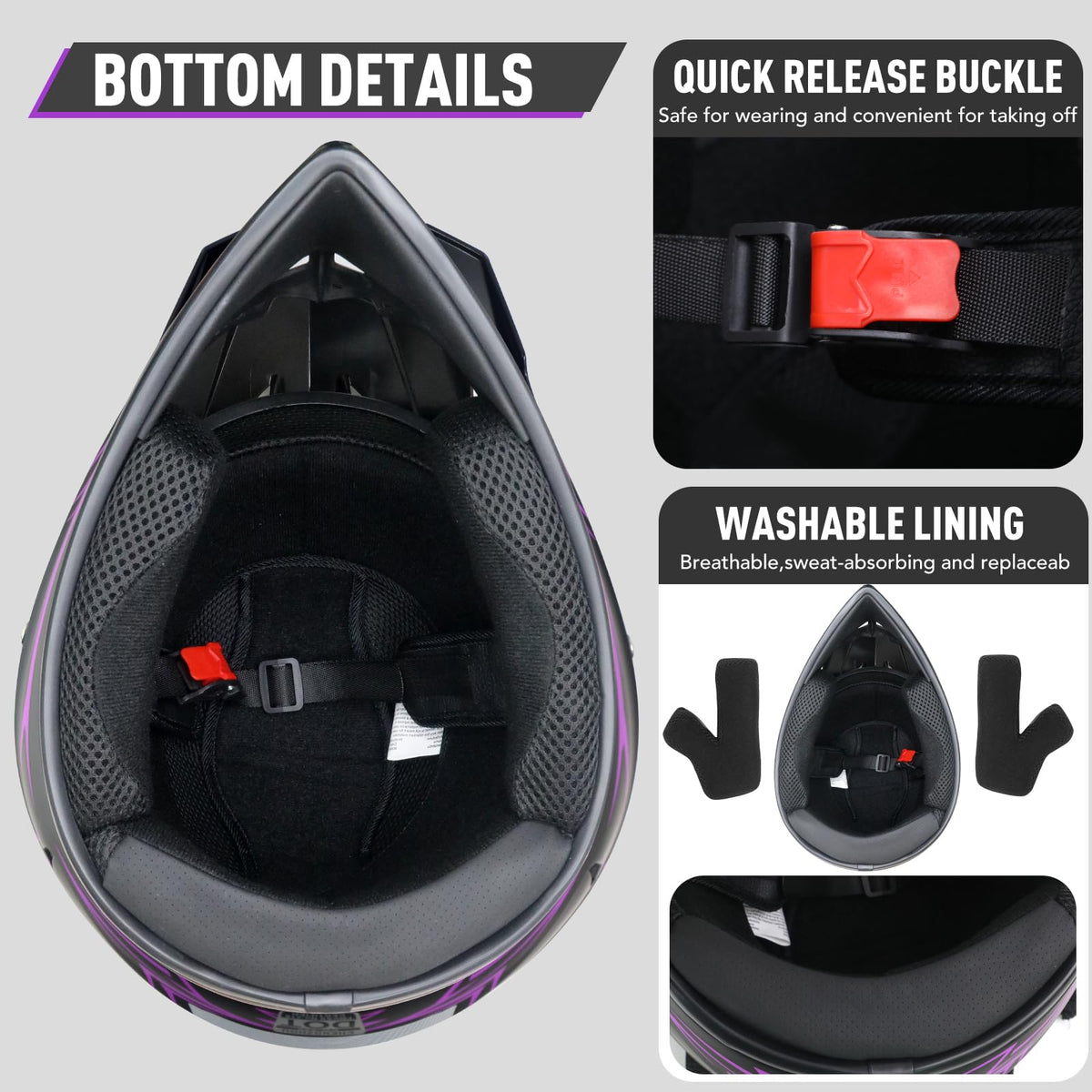 Kids Full Face Motocross Helmet 4-Pcs Set DOT Approved Purple X-Large F815