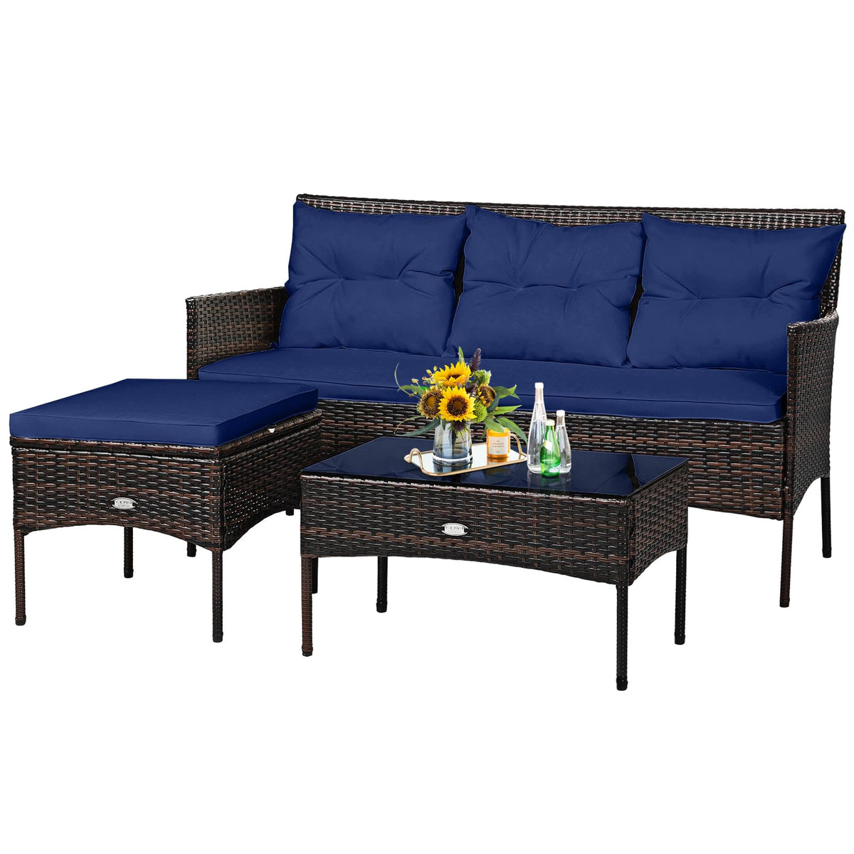 3 Pieces PE Rattan Wicker Patio Conversation Set with Cushions B223