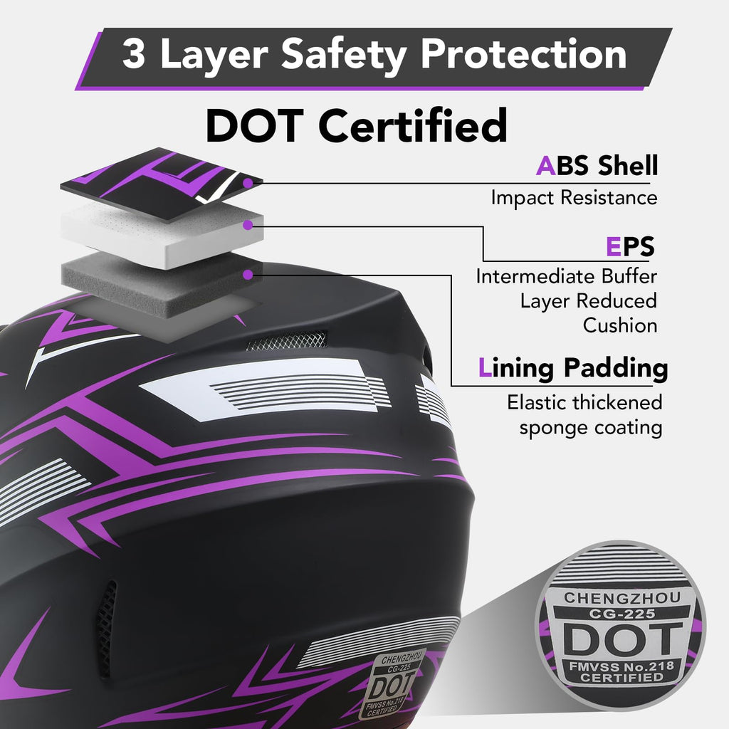 Kids Full Face Motocross Helmet 4-Pcs Set DOT Approved Purple X-Large F815