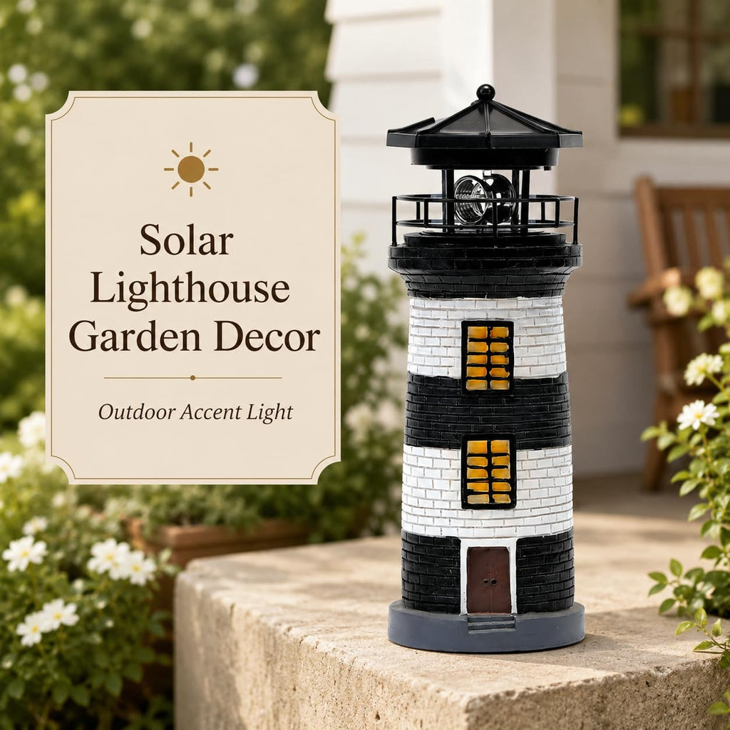 Solar Lighthouse Garden Light, Resin Outdoor Lighthouse Ornament with Rotating LED Beacon C385799