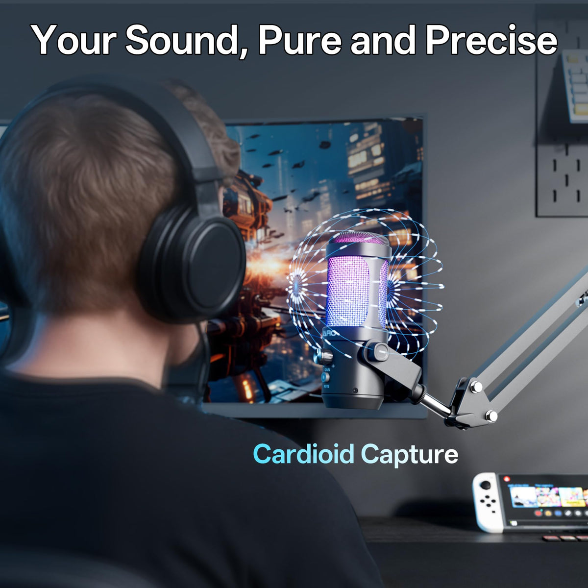 USB Podcast Microphone with Boom Arm, Studio Condenser Mic with Real-Time Monitoring, Mute, Volume Control (Black) N807612