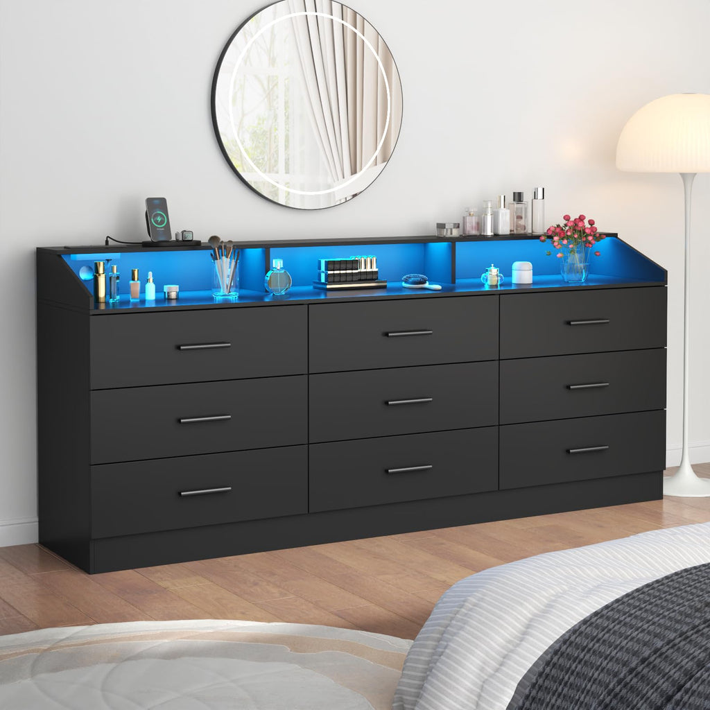Black 9 Drawer Dresser with Power Outlet U428