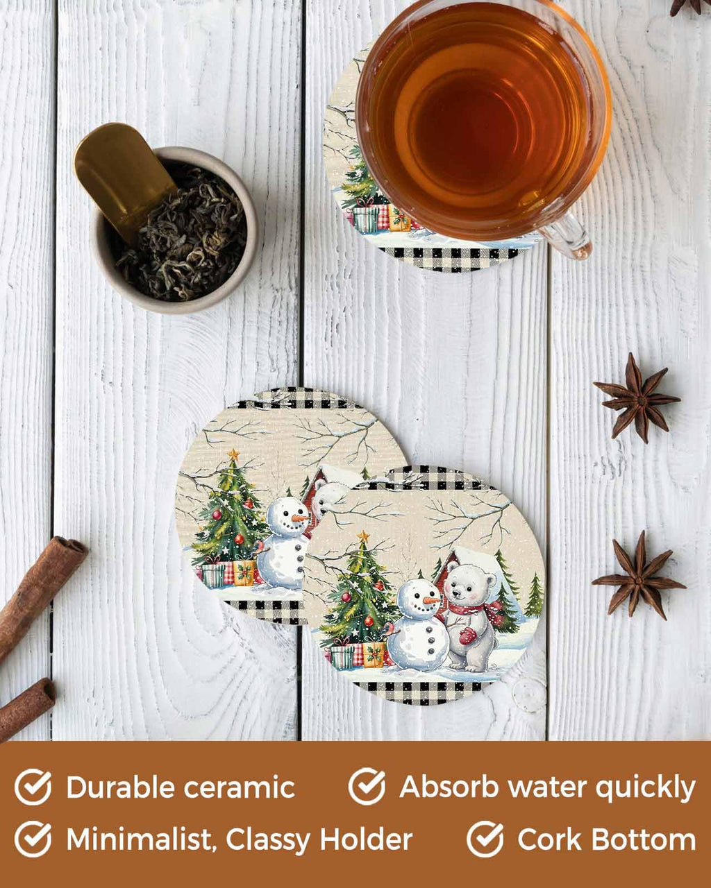Set of 6 Christmas Coasters with Holder Absorbent Stone Ceramic L97038