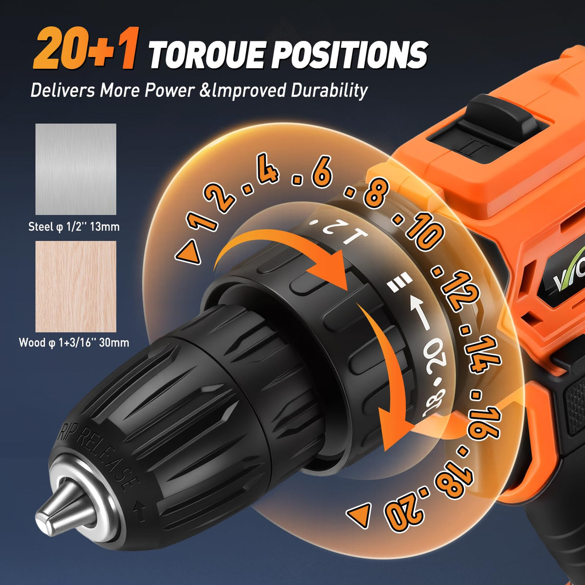Cordless Drill, 20+1 Torque, 2 Speed, 3/8" Electric Screwdriver with 28pcs Drill Bits Set P5275