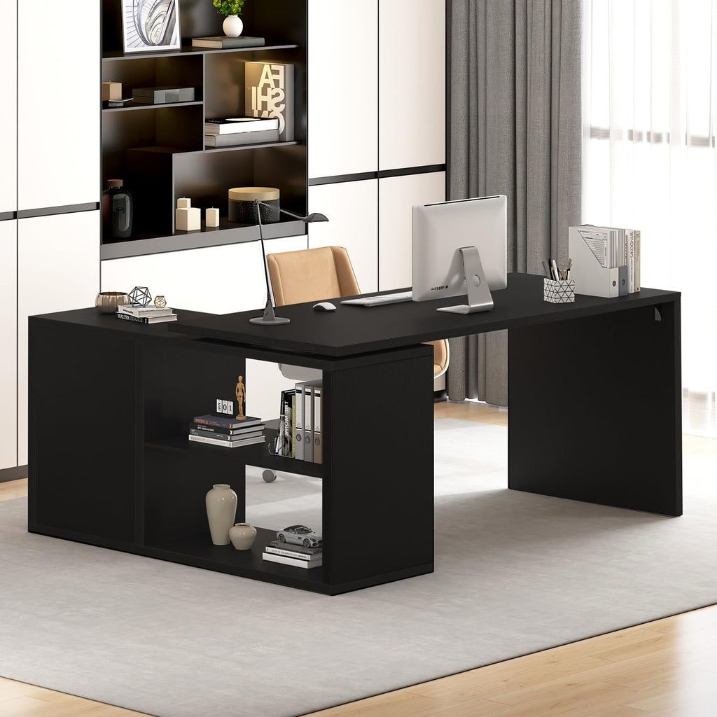 Black L Shaped Wood Computer Desk with Storage G624953