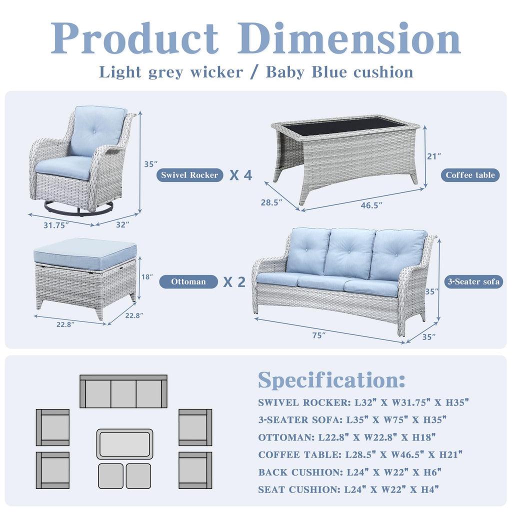 8 Piece Wicker Patio Furniture Conversation Set with Swivel Rocker Chairs, Sofa, Ottomans and Coffee Table C863