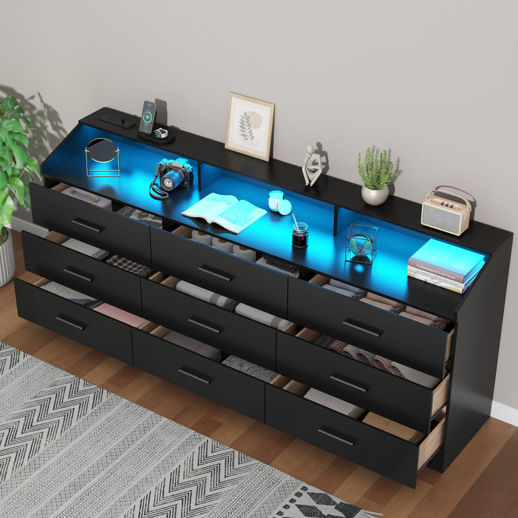 Black 9 Drawer Dresser with Power Outlet U428