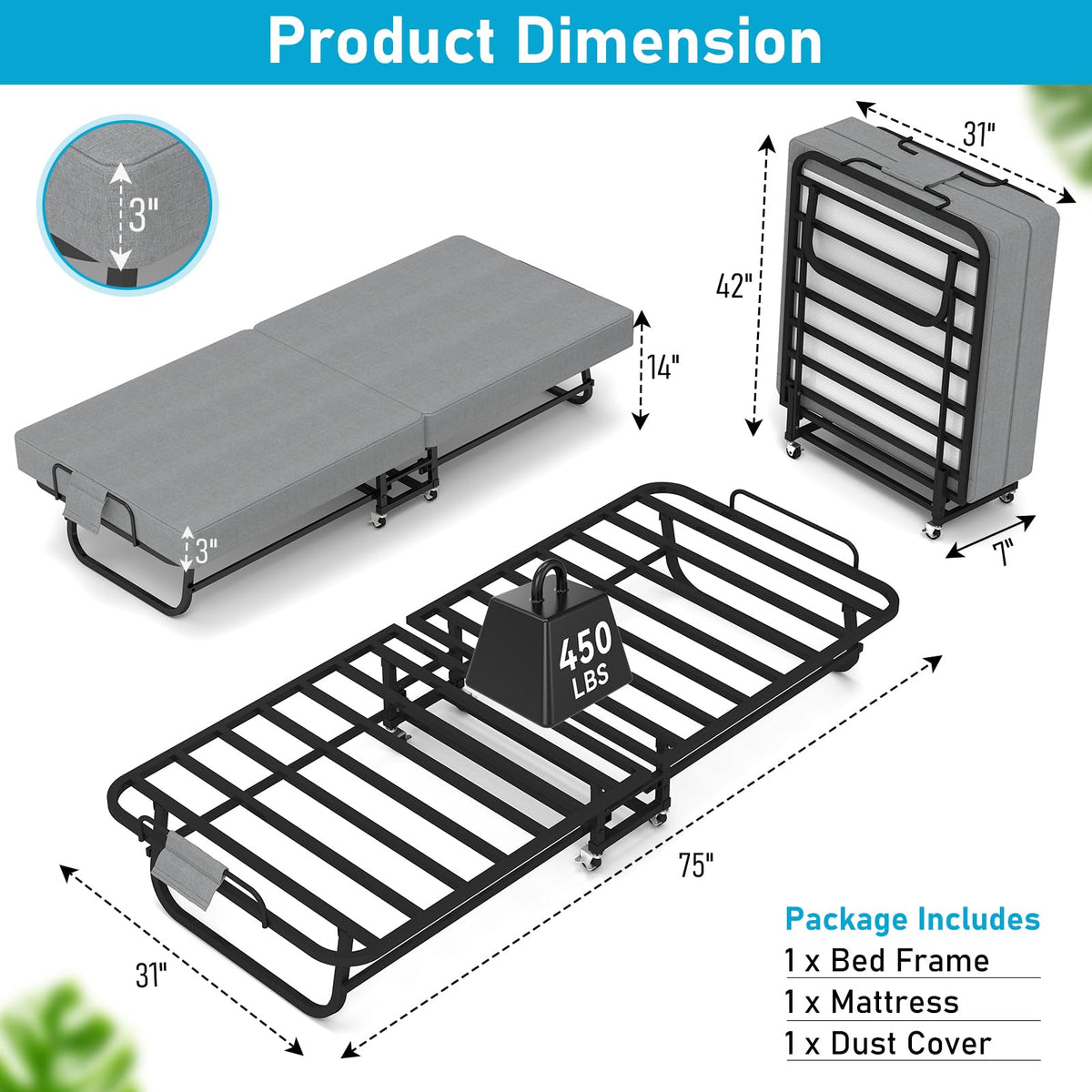 Folding Bed with Mattress on Wheels R40661