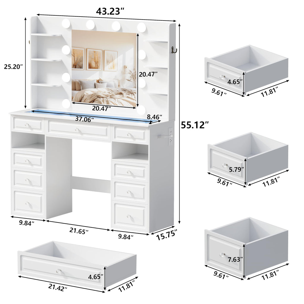 White Vanity Desk with Mirror and 10 LED Lights F98900
