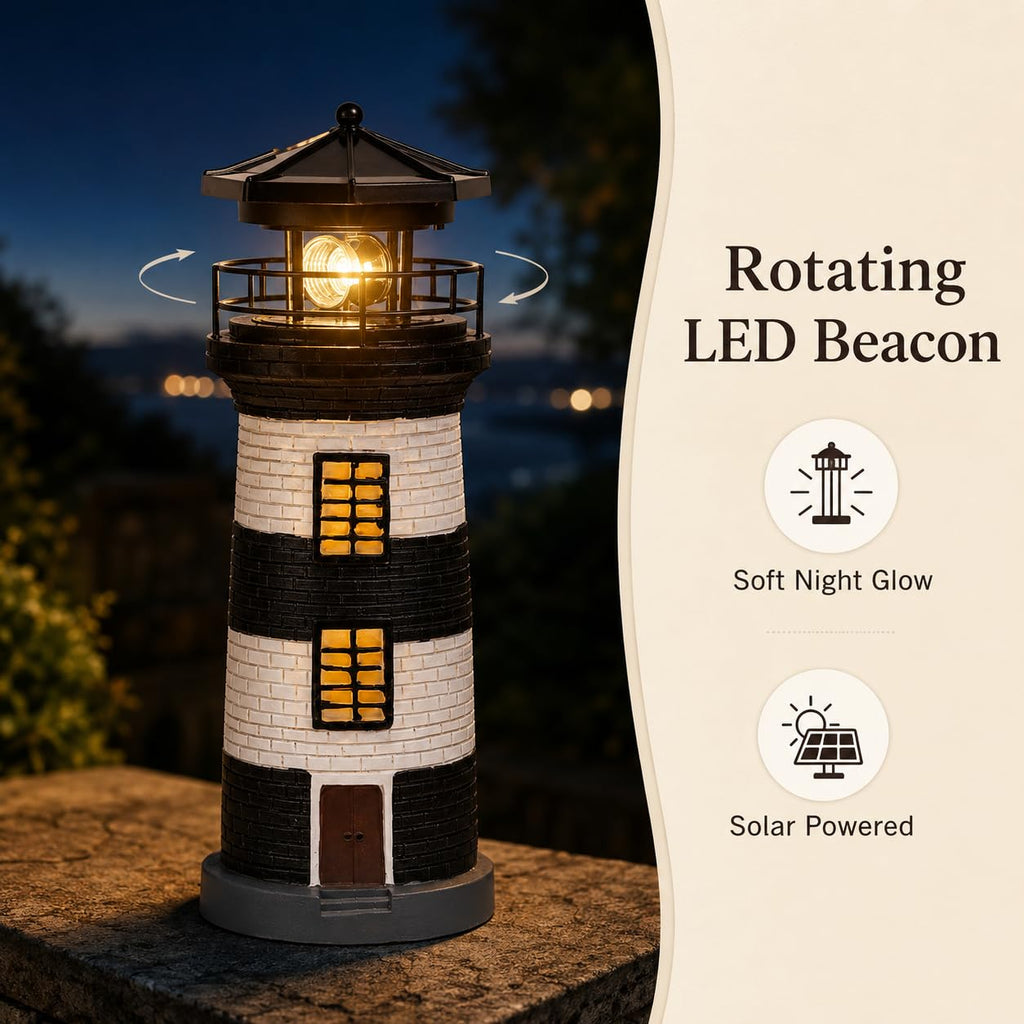 Solar Lighthouse Garden Light, Resin Outdoor Lighthouse Ornament with Rotating LED Beacon C385799