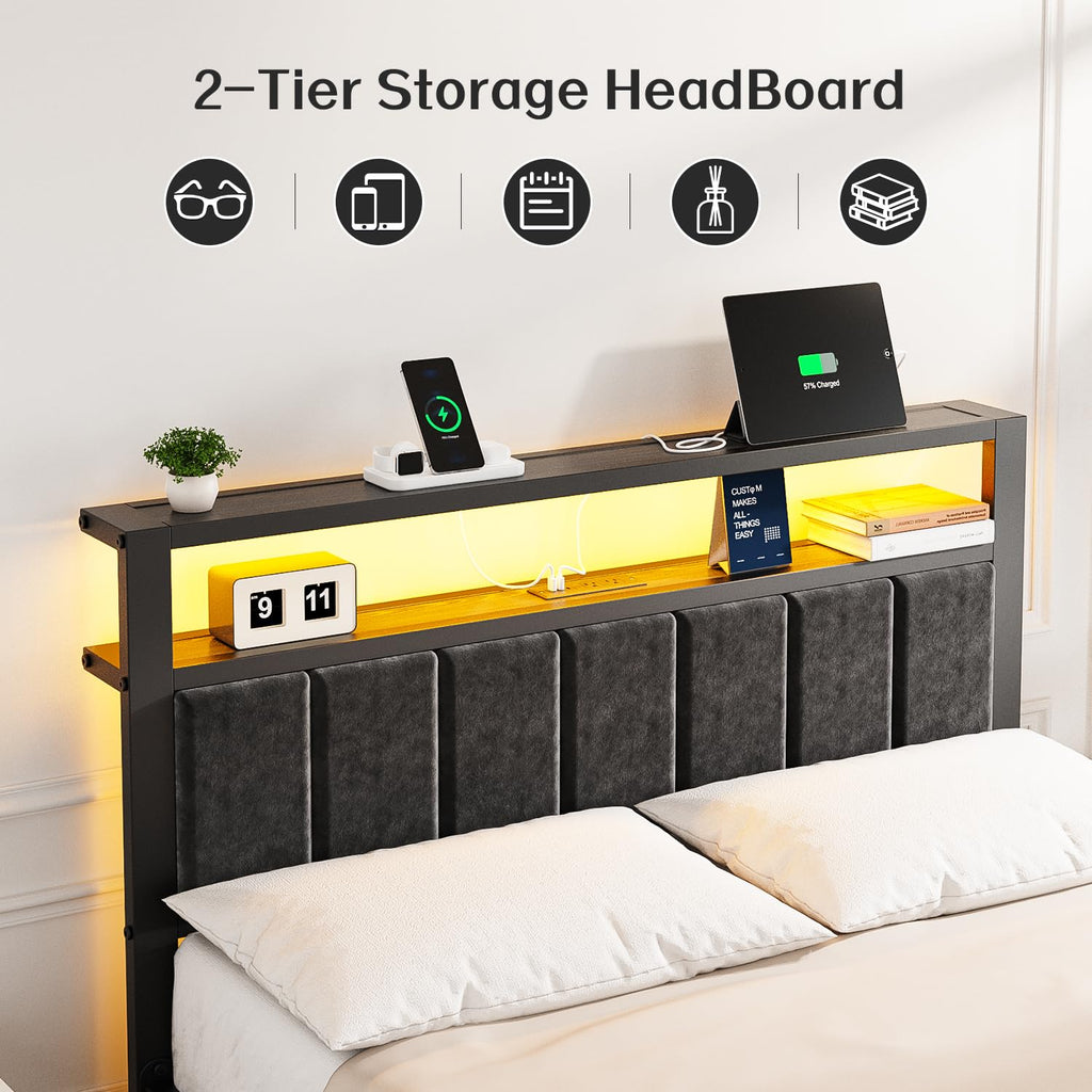 Full Size Bed Frame with LED Lights & Charging Station N686783