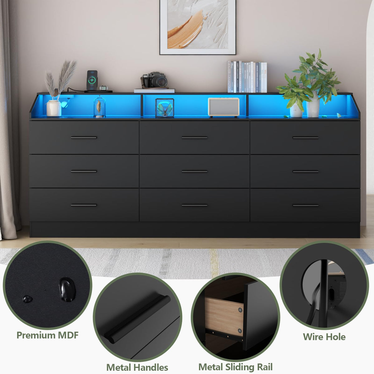 Black 9 Drawer Dresser with Power Outlet U428