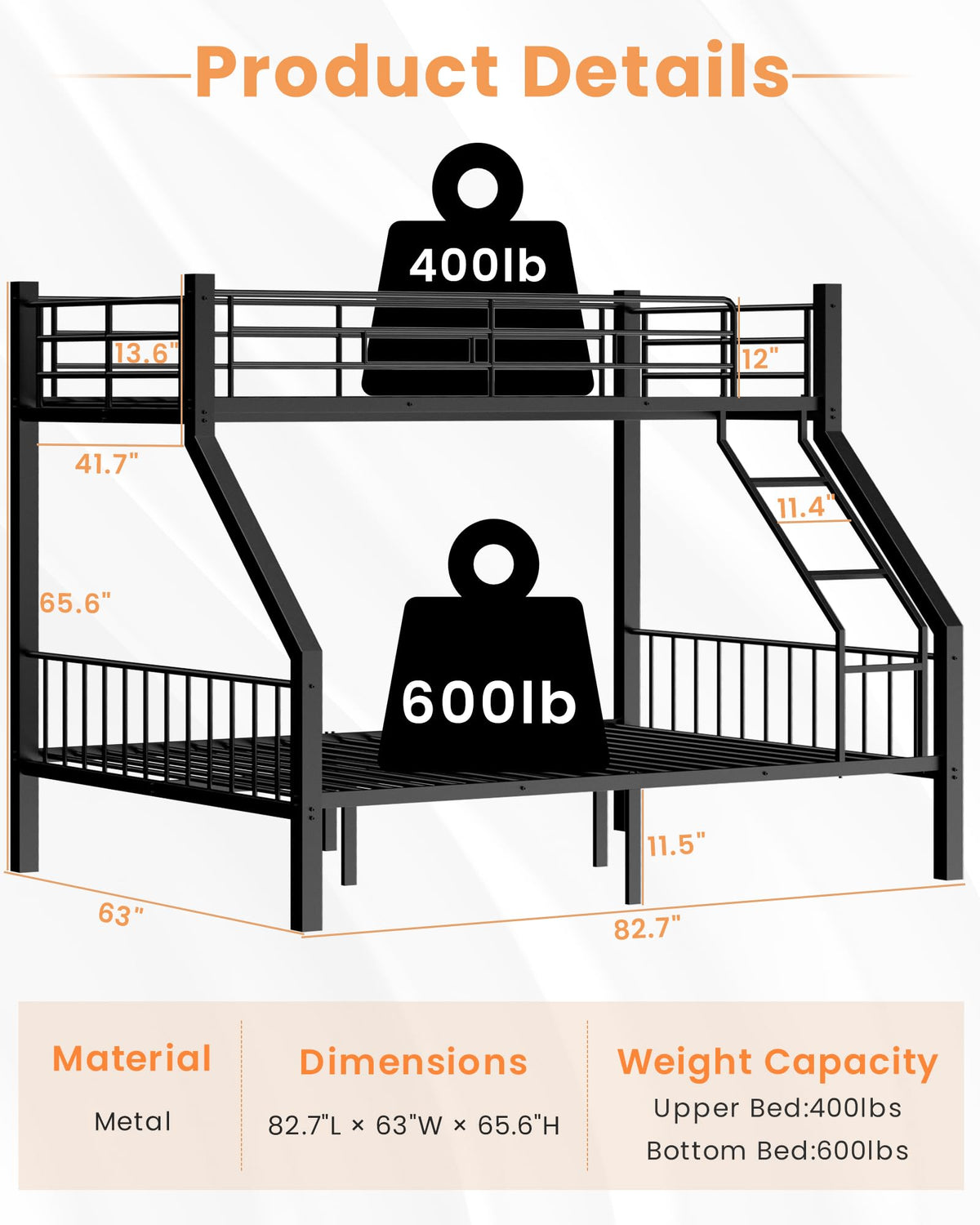 Twin XL Over Queen Bunk Bed with Ladder and Guardrails I404