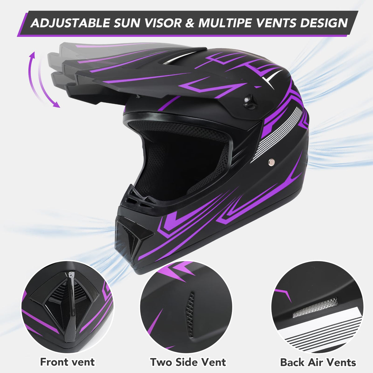 Kids Full Face Motocross Helmet 4-Pcs Set DOT Approved Purple X-Large F815