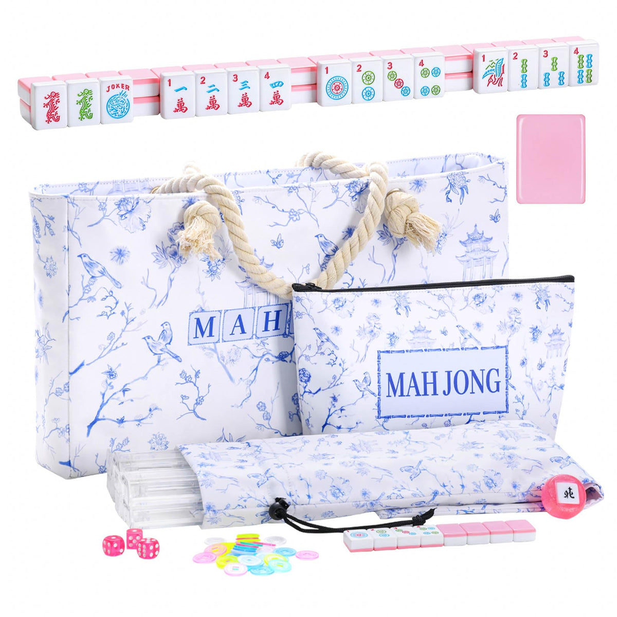 166 Pink Tiles Mahjong Set with 4 Clear Racks and Bag S77048