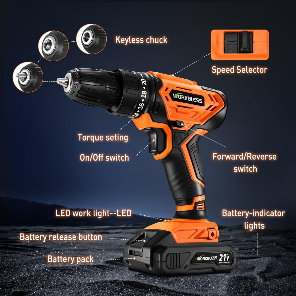 Cordless Drill, 20+1 Torque, 2 Speed, 3/8" Electric Screwdriver with 28pcs Drill Bits Set P5275