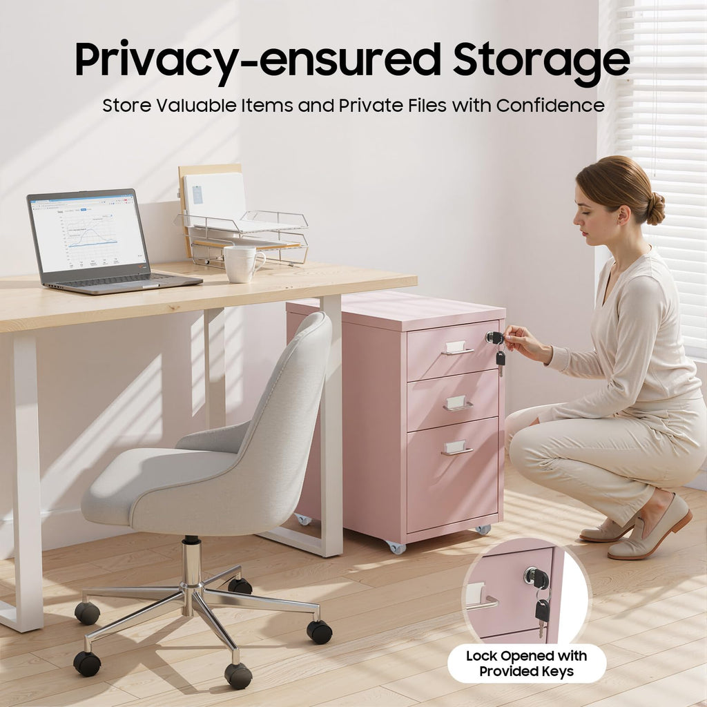 Pink 3 Drawer Metal File Cabinet with Lock U2830