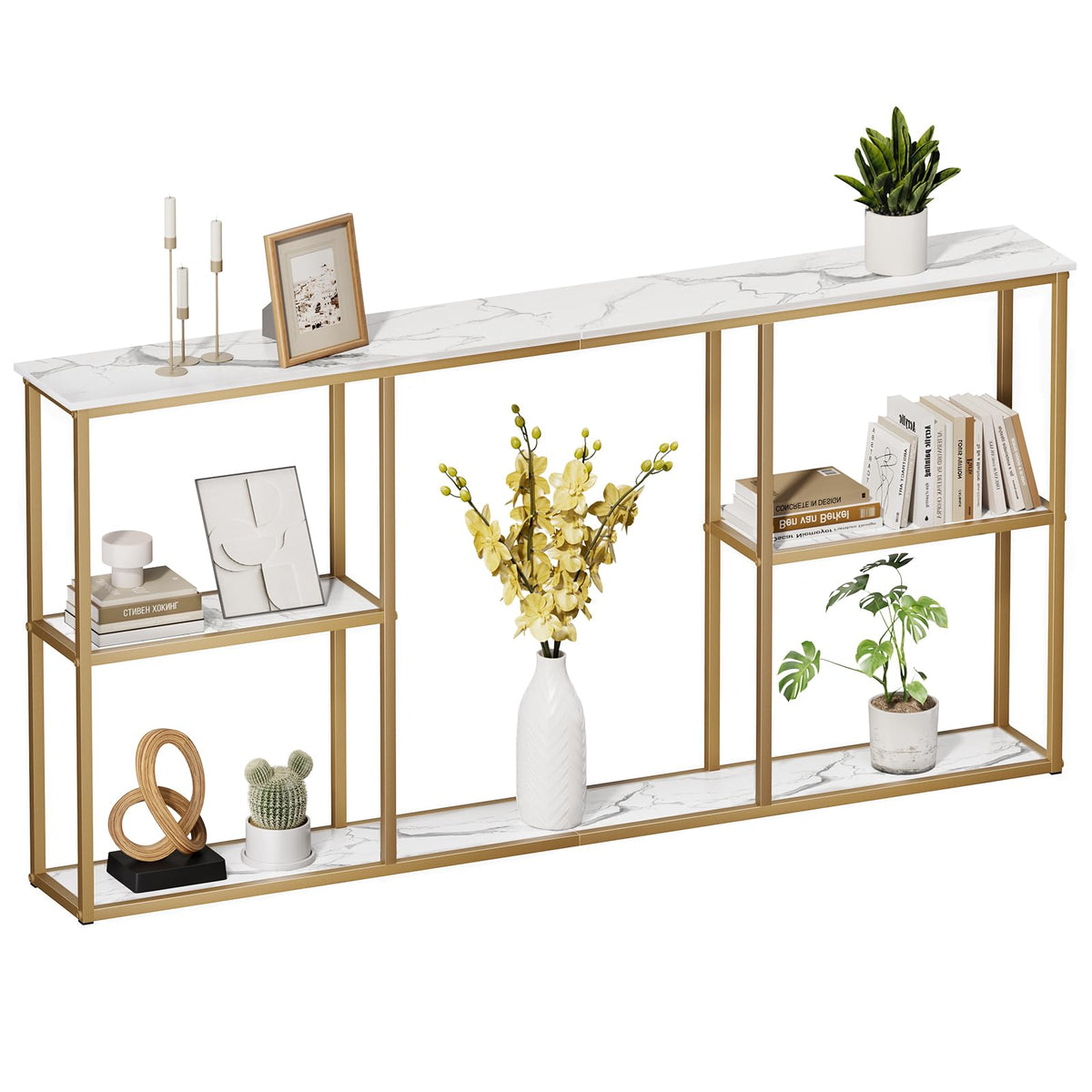 63 in Entryway Table with Shelves White Gold M6022