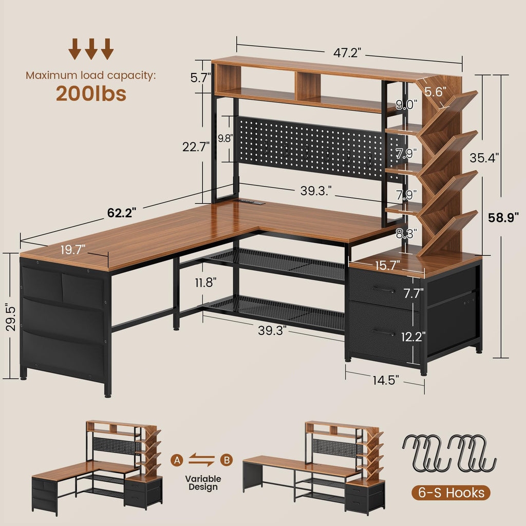 L Shaped Office Desk with Drawers and Hutch L3819