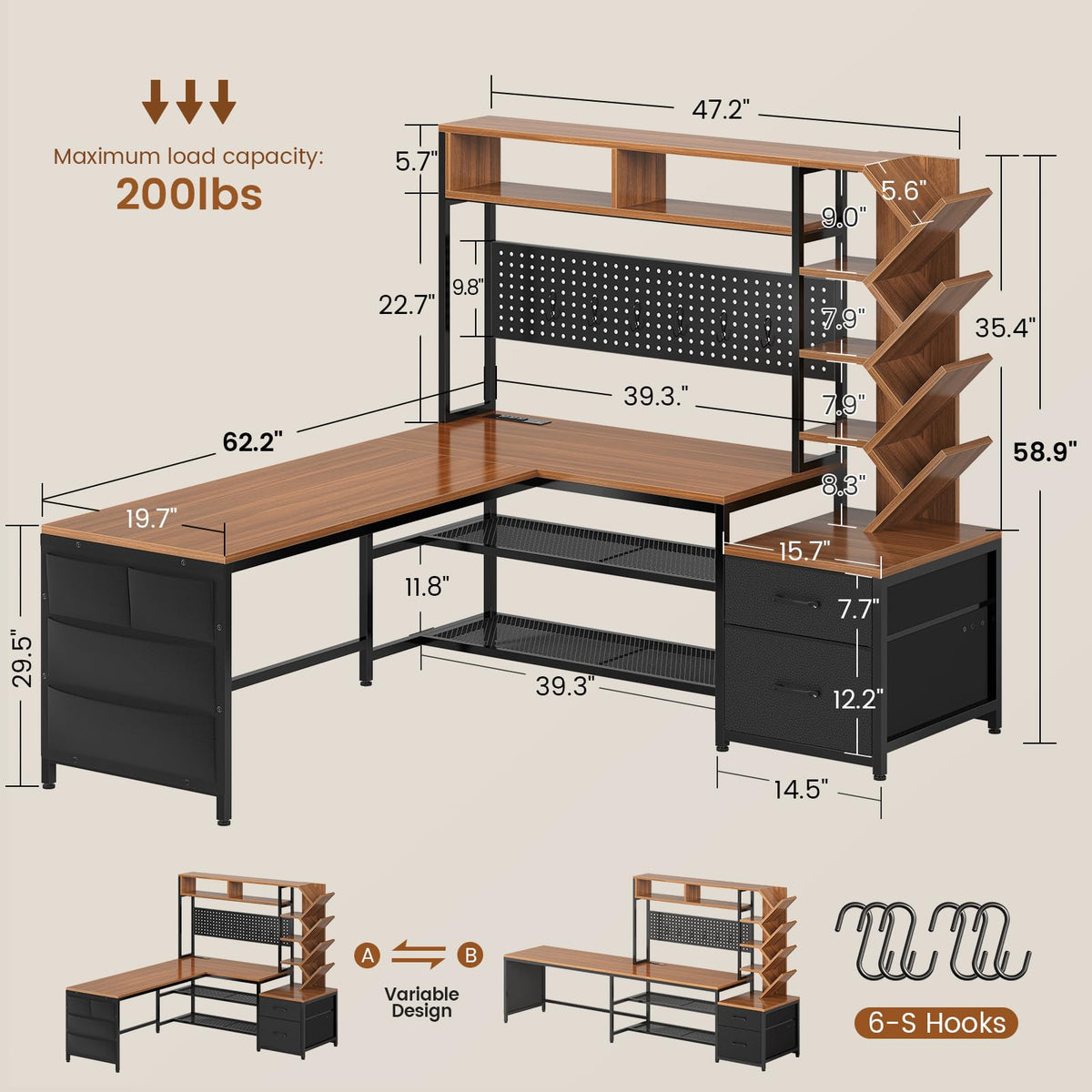 L Shaped Office Desk with Drawers and Hutch L3819