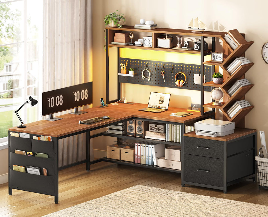 L Shaped Office Desk with Drawers and Hutch L3819